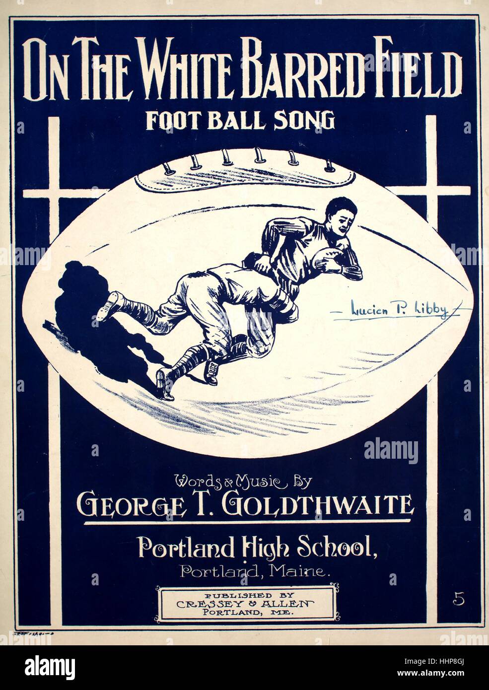 Sheet Music image de couverture de la chanson 'Blanc sur le champ interdit', chanson de football avec l'auteur original "Lecture notes Paroles et musique de George T Goldthwaite, High School de Portland, Portland, Maine, 1914. L'éditeur est répertorié comme "Cressey et Allen, Portland, ME.', la forme de la composition est "avec chœur trophique', l'instrumentation est 'piano et voix", la première ligne se lit 'O, le plaisir de la journée quand les équipes jusqu'à jouer", et l'illustration artiste est répertorié comme "E. Fisher [del.]'. Banque D'Images