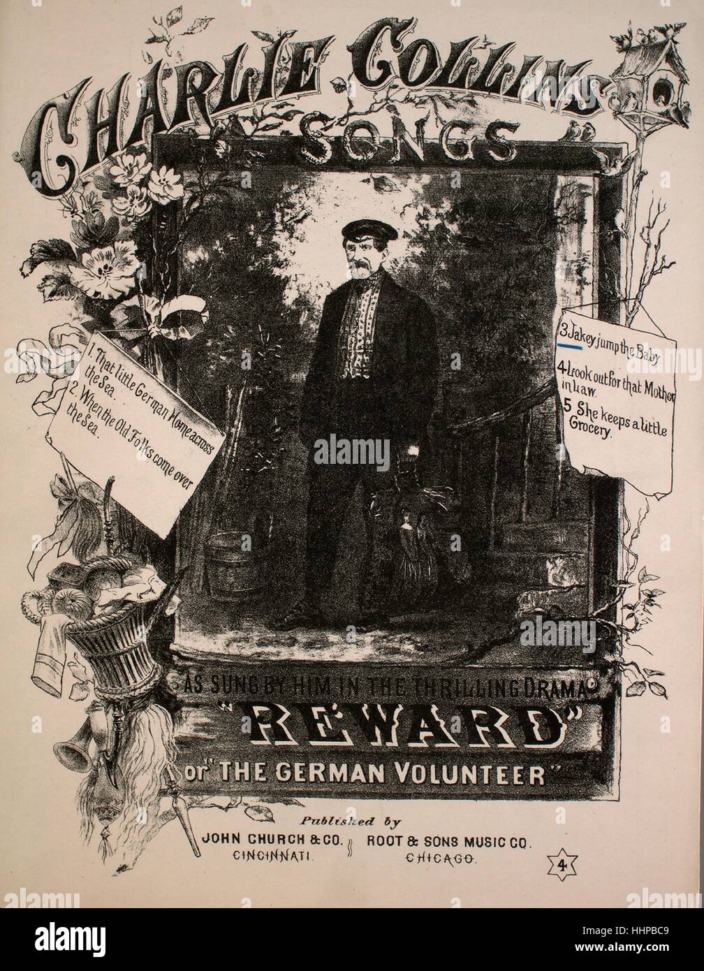 Sheet Music image de couverture de la chanson 'Charlie Collins chansons No 3 Jakey Jump le bébé', avec une œuvre originale note lire 'Charley Collins, États-Unis, 1880. L'éditeur est répertorié comme "John Church et Co.', la forme de la composition est "avec chœur trophique', l'instrumentation est 'piano et voix", la première ligne se lit 'Oh ! Vonce ven je vas seul, den J'haf tels lods de plaisir', et l'illustration artiste est répertorié comme 'Aucun'. Banque D'Images