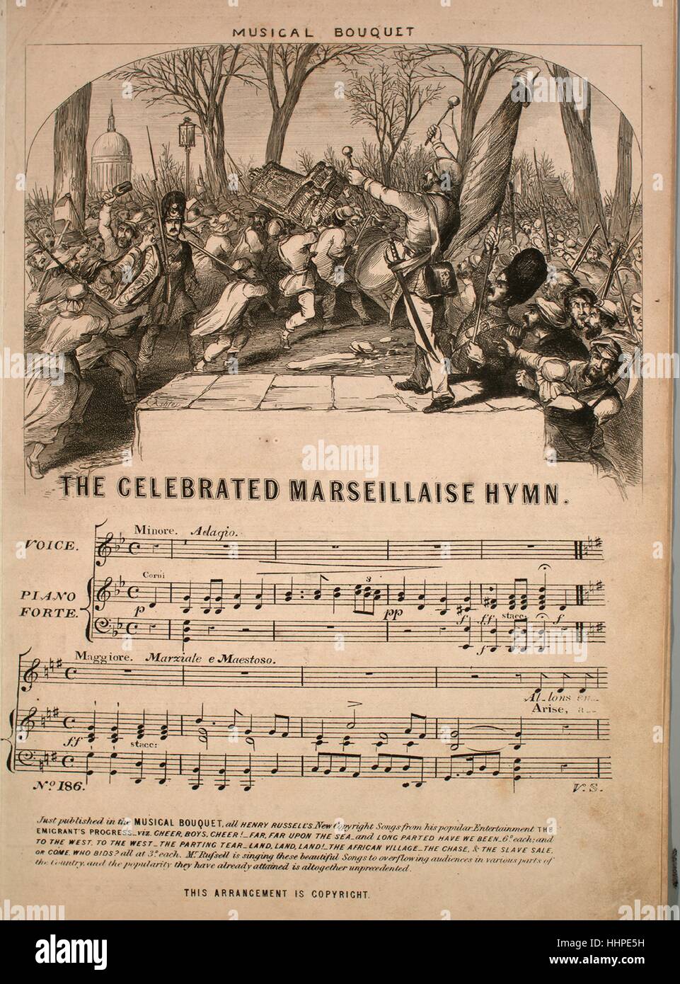 Sheet Music image de couverture de la chanson 'Le célèbre hymne  Marseillaise Bouquet Musical No 186 [Anglais et Français]', avec une œuvre  originale lecture notes 'na', Royaume-Uni, 1900. L'éditeur est répertorié  comme
