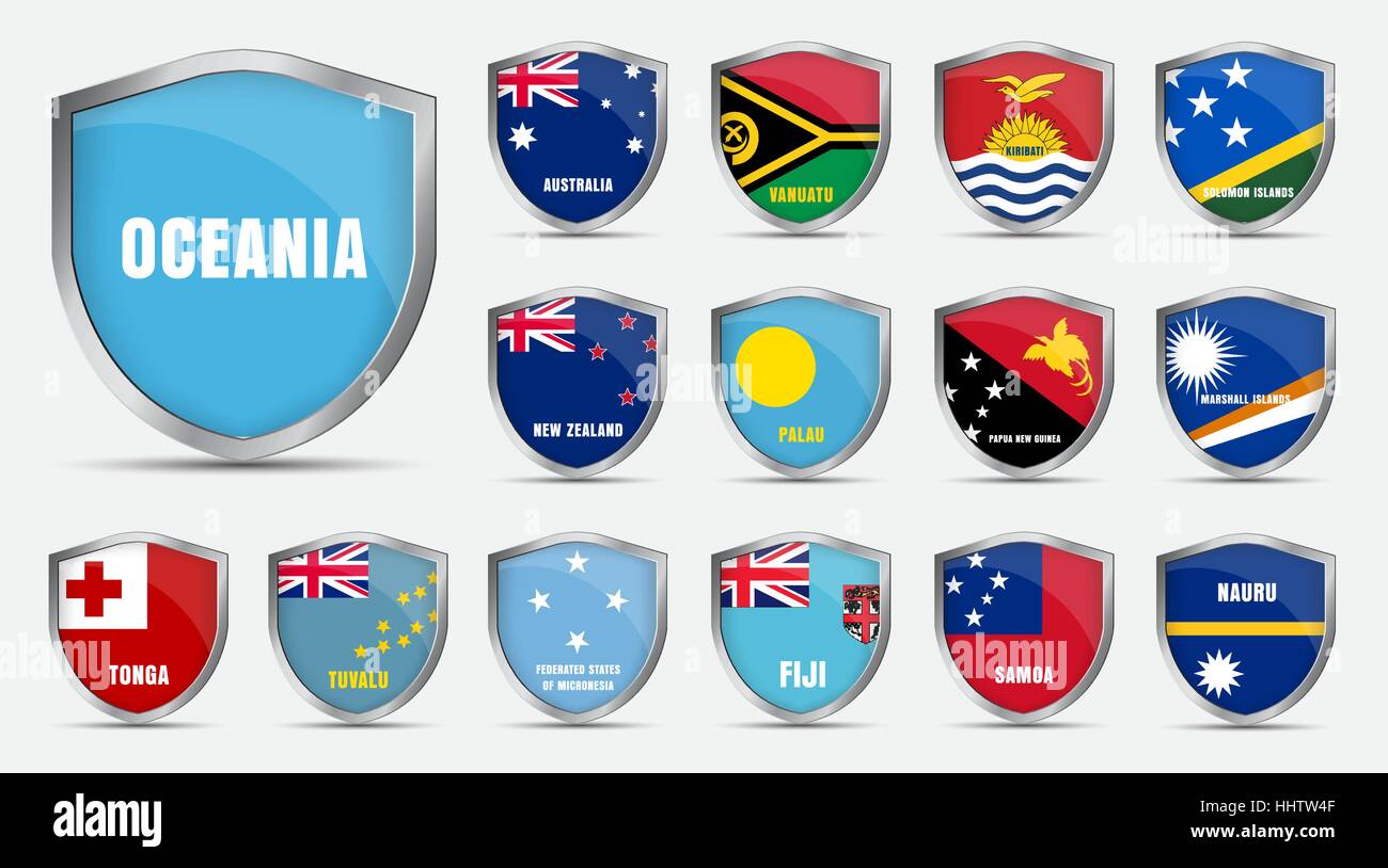 Ensemble de plaques de métal avec les drapeaux des pays de l'Océanie. Des modèles avec le nom du pays. Vector illustration Illustration de Vecteur