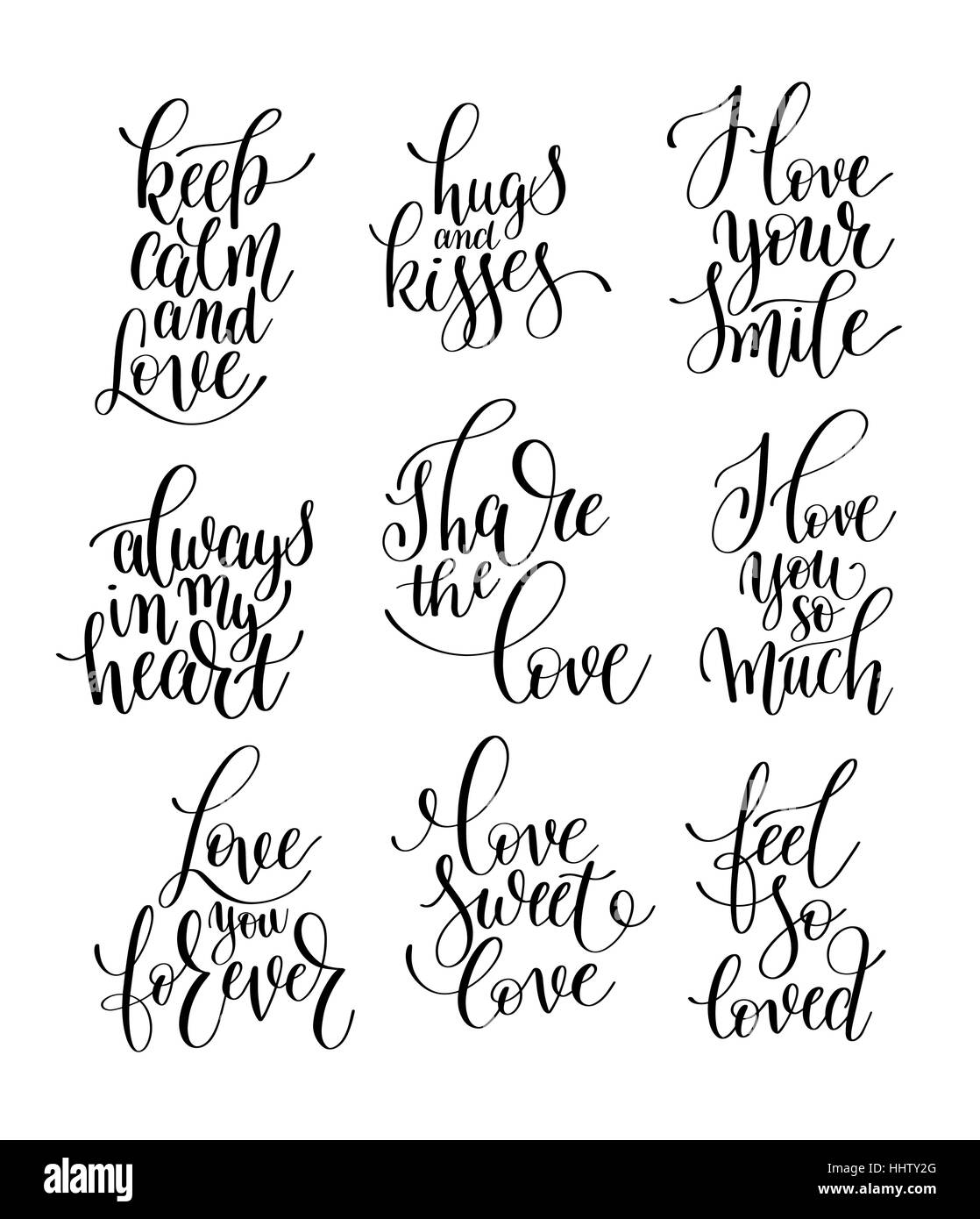 Ensemble de 9 noir et blanc lettrage manuscrit citation romantique Illustration de Vecteur