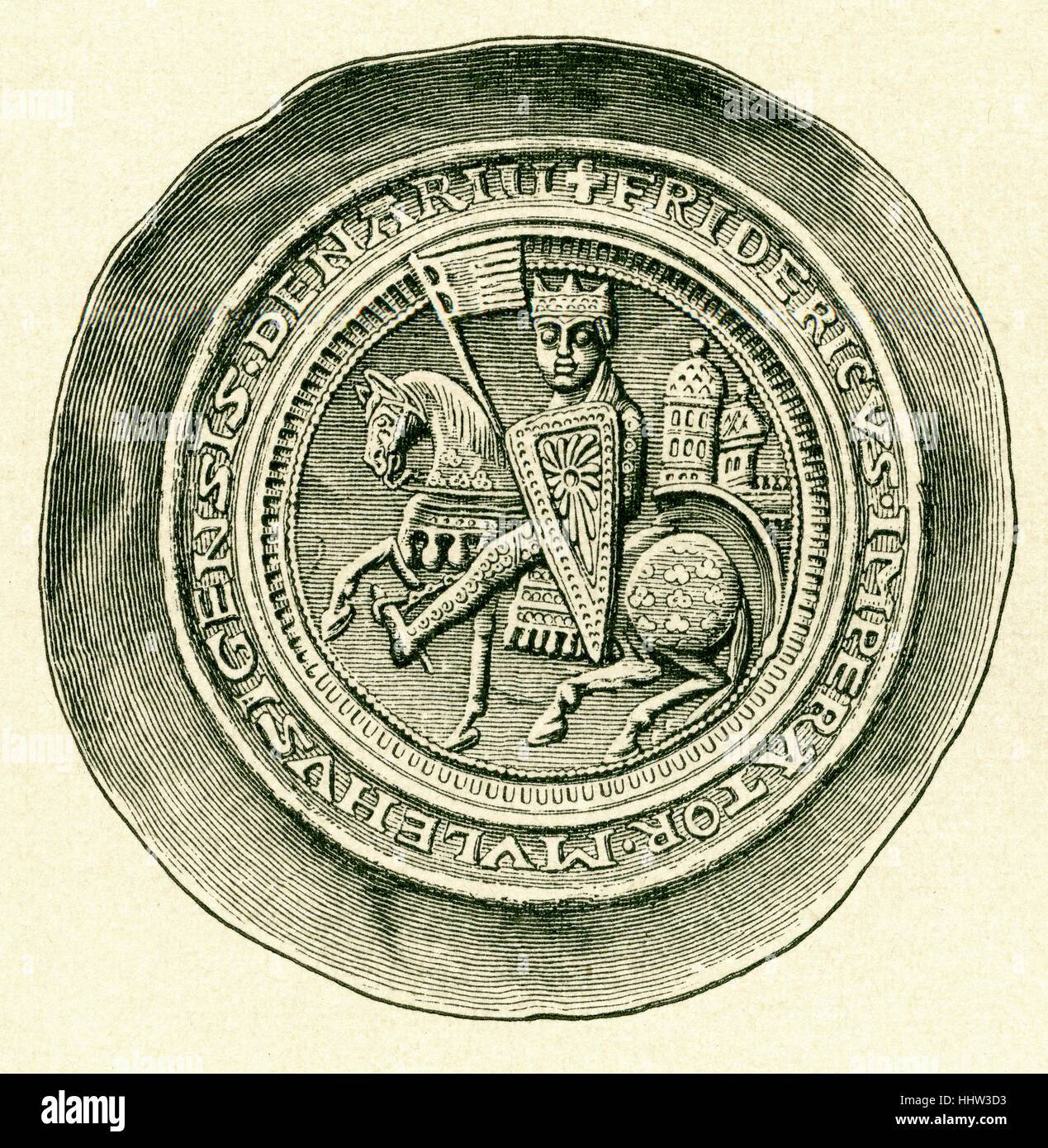 Friedrich Barbarossa / Frederick I (1122 - 10 juin 1190), Saint Empereur Romain, bracteate coin avec l'inscription du Barbarossa équitation Banque D'Images