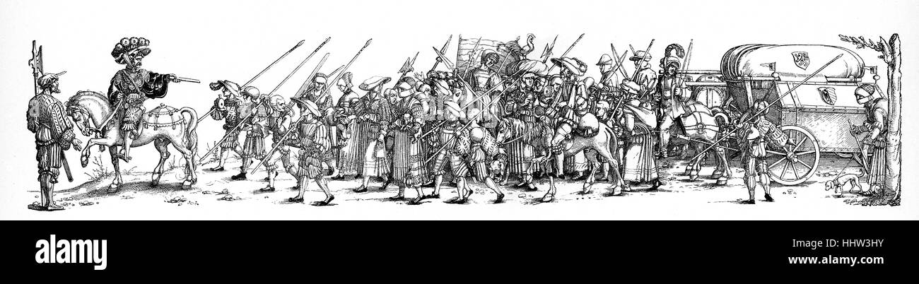 Tross (ou l'écume) - approvisionnement militaire contingent du Landsknechte (régiment de soldats mercenaires), composé de femmes, d'enfants, Banque D'Images