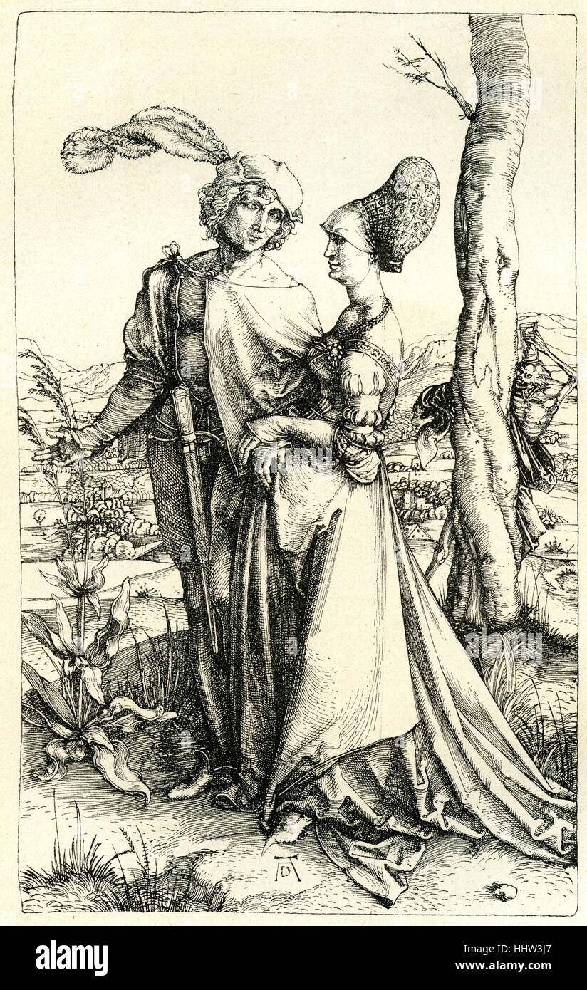 Noble homme et femme à marcher ensemble, à peine de se cacher derrière un arbre est titulaire d'un sablier. Memento mori gravure sur cuivre par Albrecht Banque D'Images