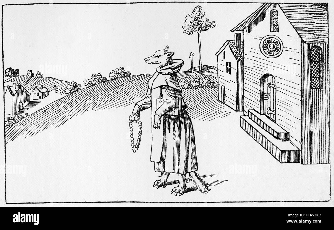 'L'habit ne fait pas le moine" - Réforme du xvie siècle représentant une caricature de moine un loup habillé en moine. Banque D'Images