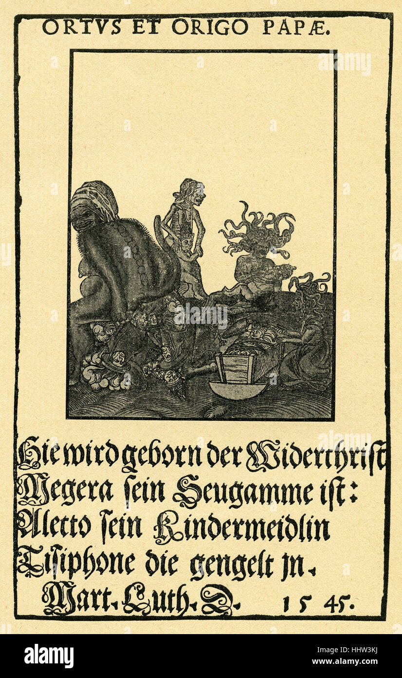 Caricature du Pape par Lucas Cranach le Vieux avec du texte par Martin Luther, 1545. Intitulé "Ortus et Origo Papae' - 'La Naissance Banque D'Images