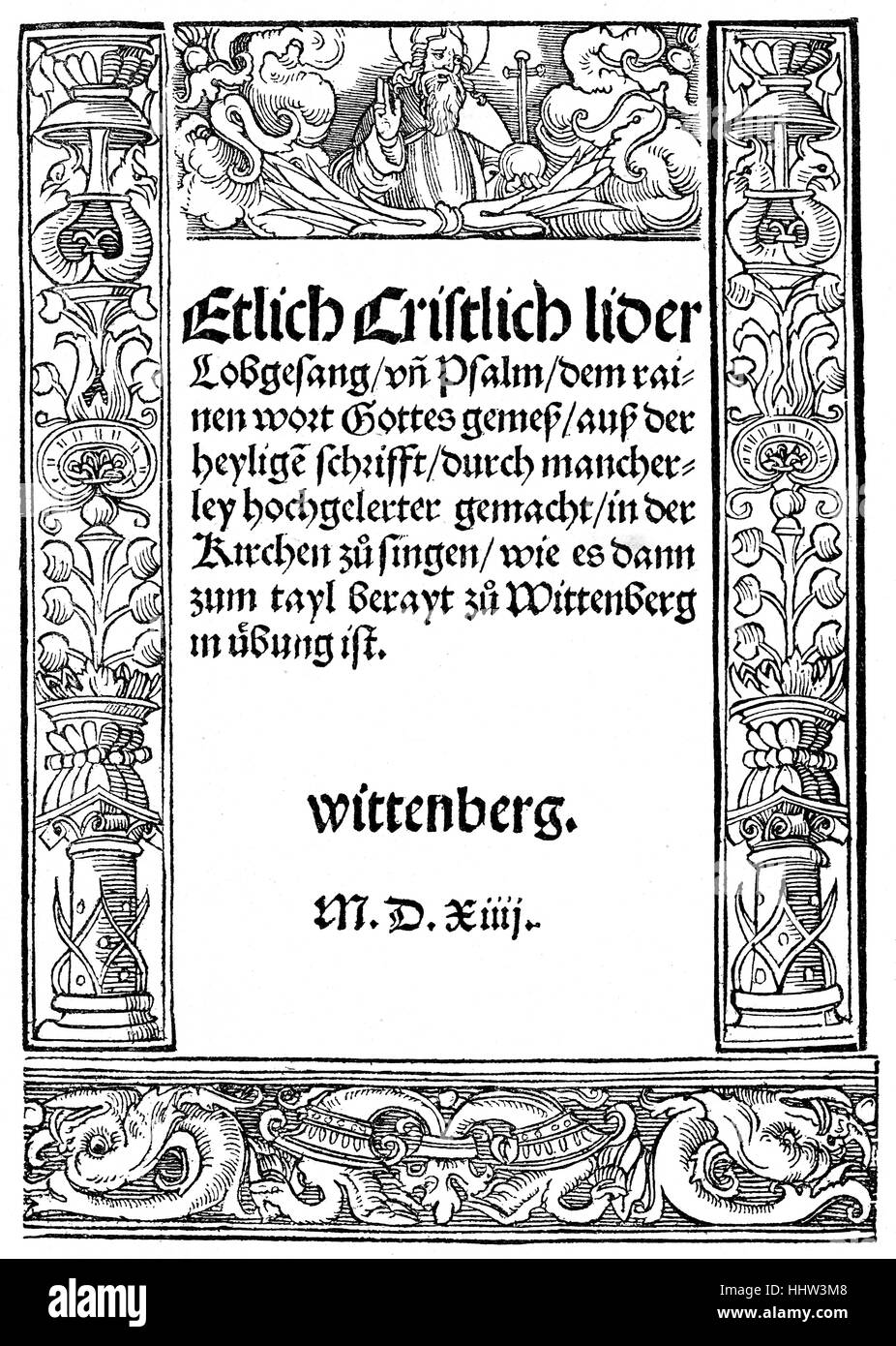 Le premier livre de cantiques luthériens / des chorals, page de titre de la première édition publiée à Wittenberg, 1524 Banque D'Images