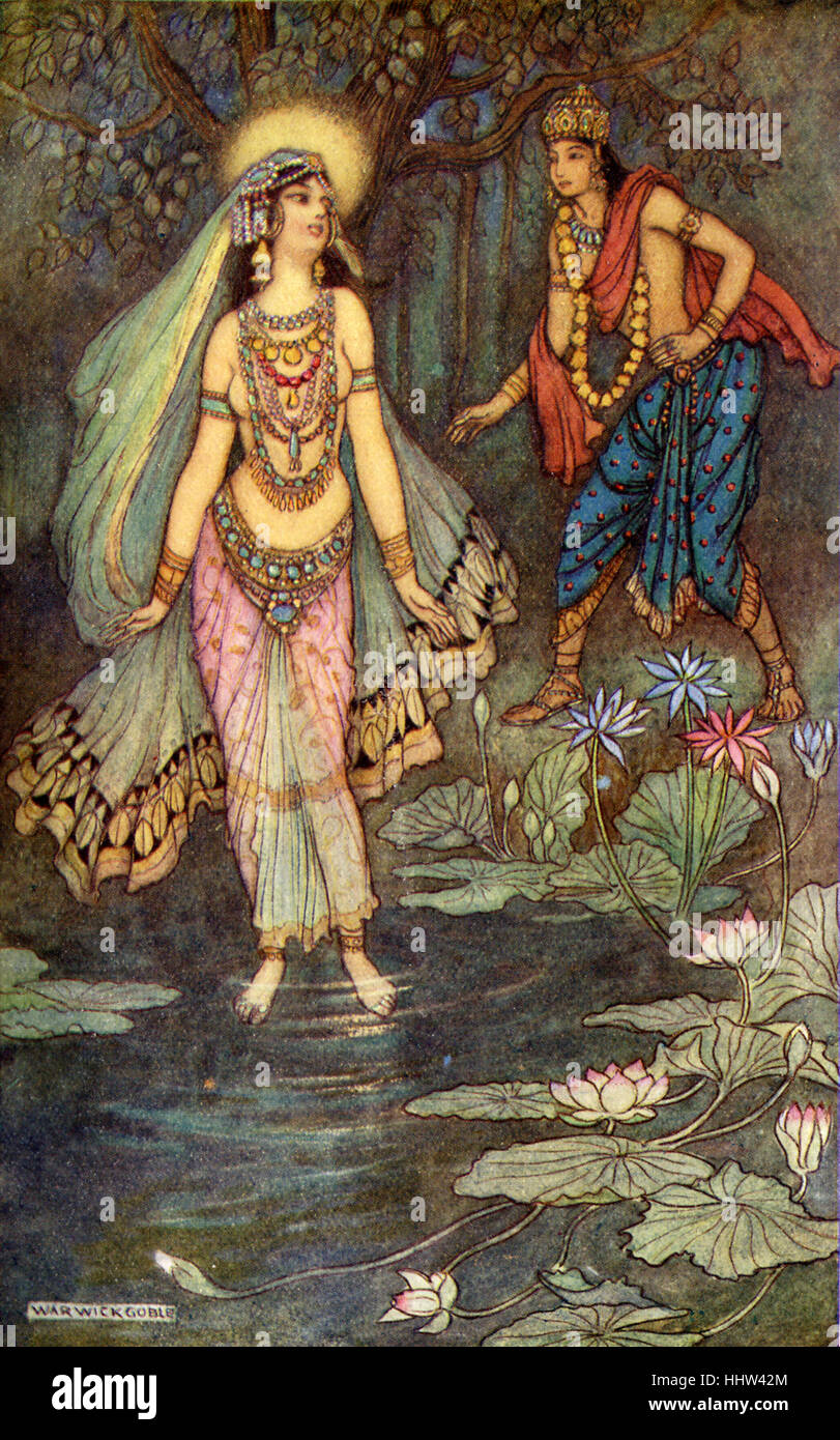Mythes et légendes des Indiens : Shantanu répond à la déesse Ganga. Illustration d'après une peinture par Warwick Goble, Anglais d'illustrateur de livres pour enfants 22 novembre 1862 - 22 janvier 1943. Banque D'Images