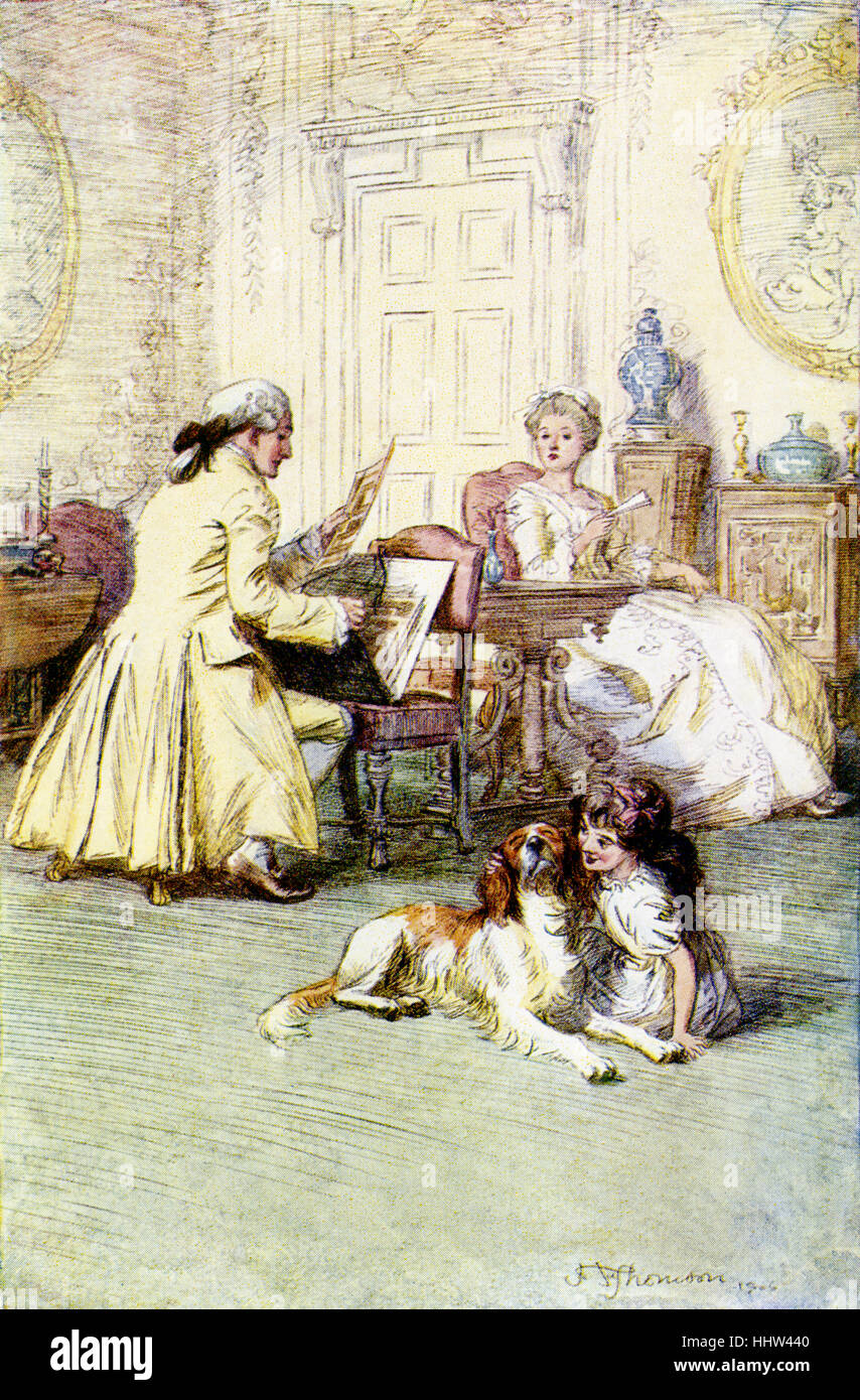 Des scènes de la vie de bureau par George Eliot. Illustrations de Hugh Thomson. Sous-titre suivant : "Un spaniel de démissionné temper' Chapitre 1 (basé à ville fictive de l'anglais dans le Milby Midlands. Effets de la réforme religieuse et la tension entre le créé et l'Églises dissidentes sur l'église et leurs fidèles). GE : nom de plume pour la romancière anglaise Mary Ann Evans 22 novembre 1819 - 22 décembre 1880. HT 1860-1920 Banque D'Images