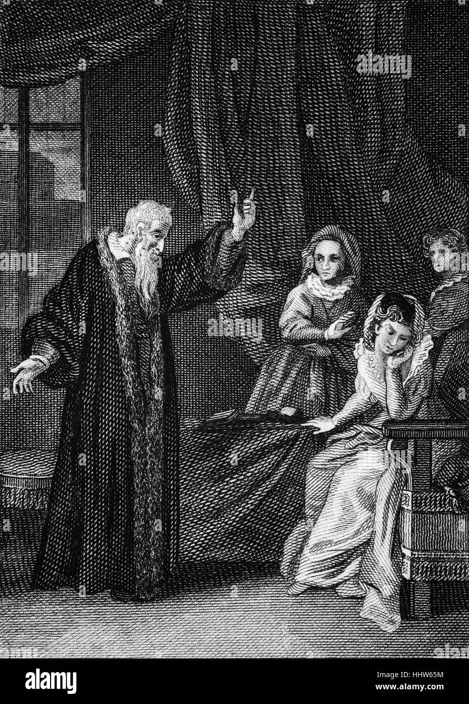 Marie, Reine d'Écosse (1542 - 1587), règne sur l'Écosse à partir du 14 décembre 1542 au 24 juillet 1567. Le 24 juin 1563, elle appela John Knox (1513 - 1572), un ministre écossais, théologien, écrivain, chef de la réforme, à Holyrood, après avoir appris qu'il avait prêché contre son projet de mariage avec Don Carlos, fils de Philippe II d'Espagne. Il a répondu que s'il n'était pas de noble naissance, il avait le même devoir de n'importe quel sujet d'avertir des dangers et de l'univers et préfèrent endurer ses larmes, cependant, de garder le silence et de trahir mon 'Commonwealth'. À cela, Mary lui a ordonné de sortir de la salle Banque D'Images