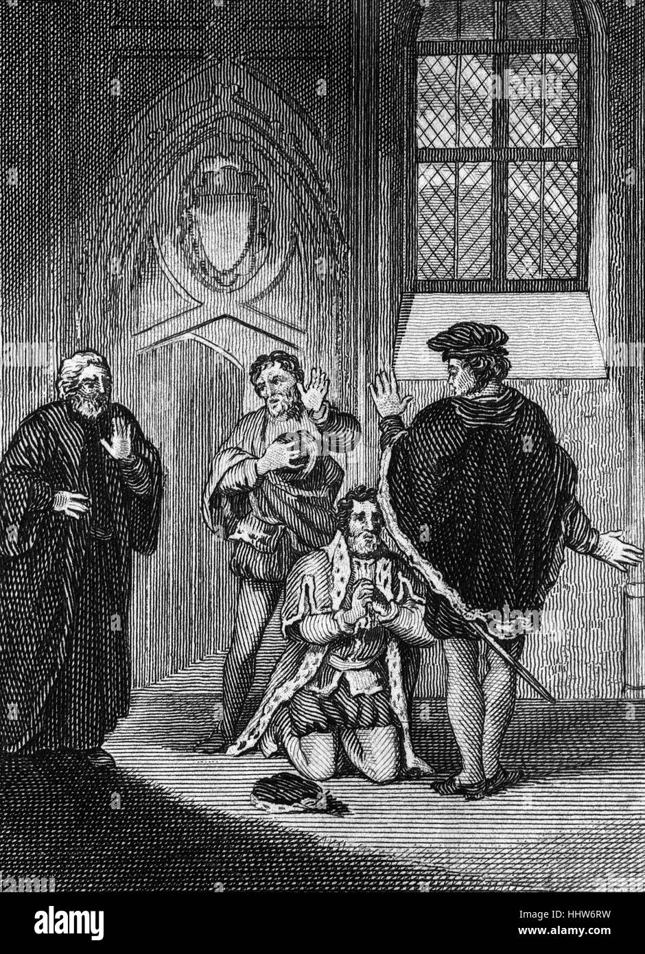 L'abjecte soumission de John Dudley, premier duc de Northumberland (1504 - 1553), général anglais, l'amiral et homme politique américain. Il a dirigé le gouvernement du jeune roi Édouard VI à partir de 1550 jusqu'à 1553 et essayé en vain d'installer Lady Jane Grey sur le trône après la mort du roi. Il marche vers l'East Anglia pour capturer la princesse Mary, mais se sont rendus sur l'audition que le Conseil privé avait changé de camp et proclamé Marie comme Reine. Banque D'Images