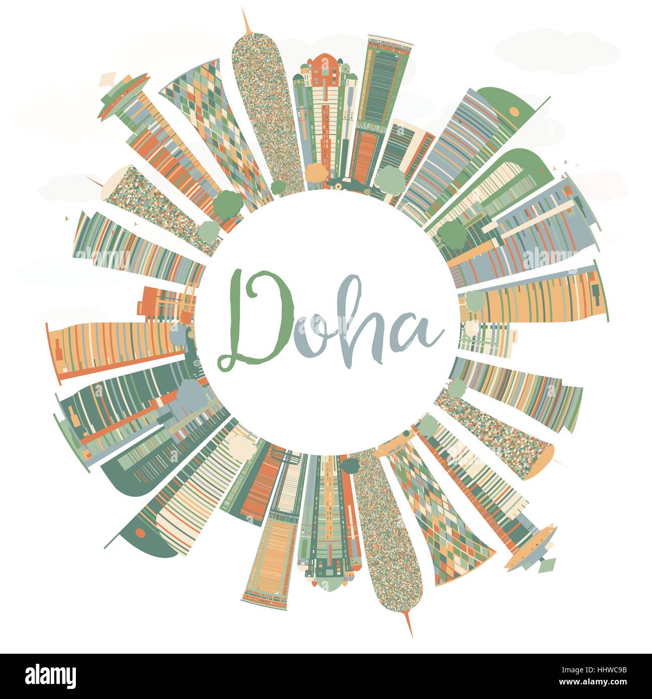 Abstract Skyline de Doha avec la couleur des gratte-ciel et l'espace de copie. Vector Illustration. Entreprise et Tourisme Concept avec l'architecture moderne. Illustration de Vecteur