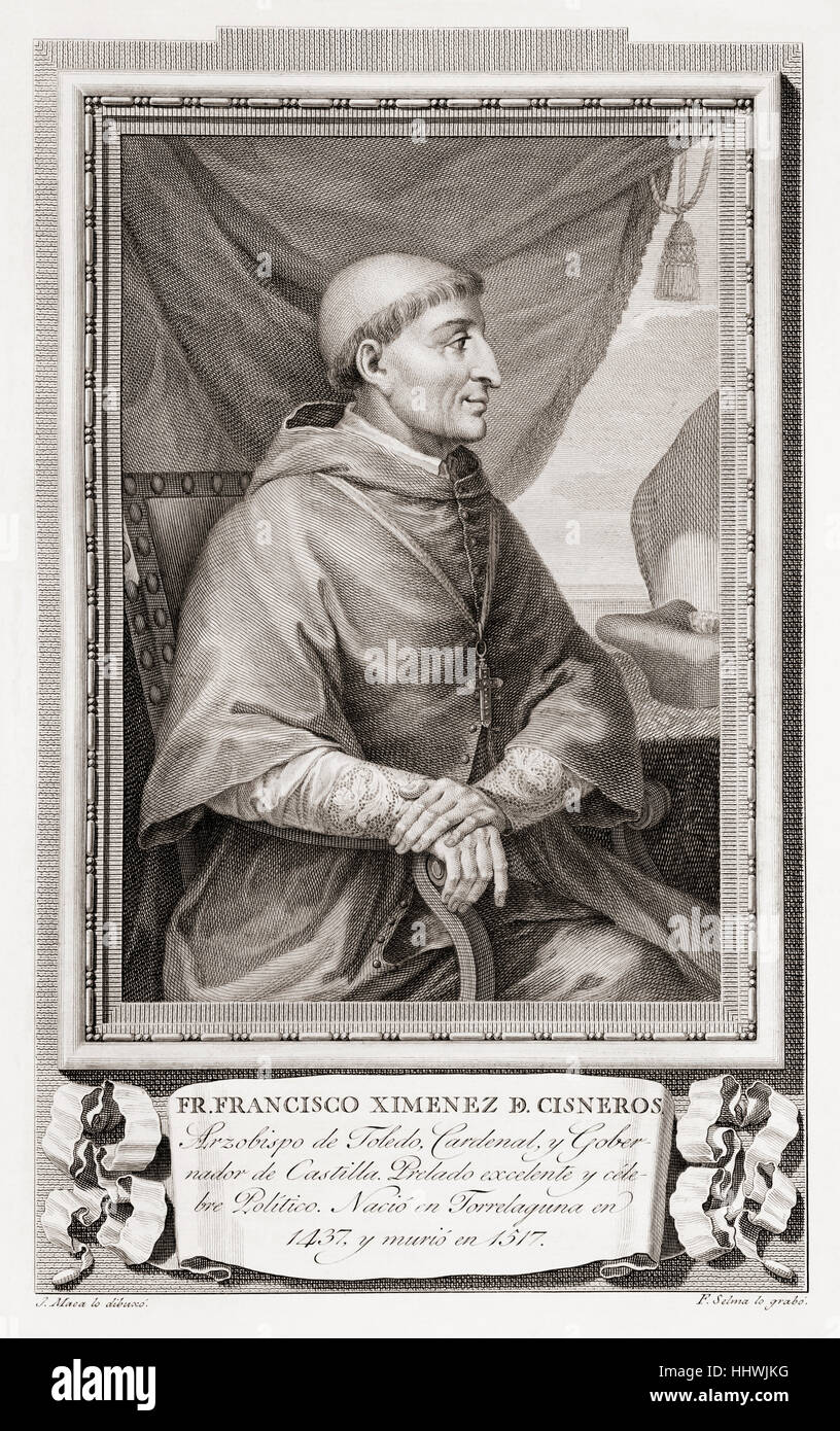 Francisco Jiménez de Cisneros, 1436 - 1517, aka Ximenes de Cisneros. Cardinal espagnol, religieux, et plus. Après une gravure dans Retratos de Los Españoles Ilustres, publié à Madrid, 1791 Banque D'Images