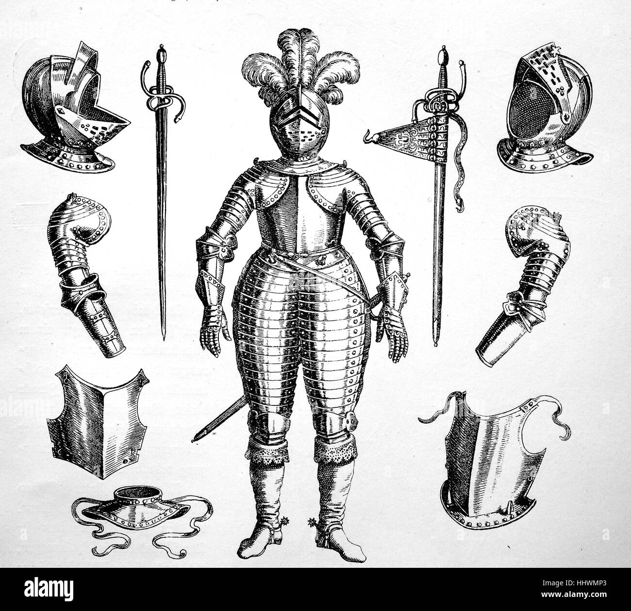 Cuirassier de la guerre de Trente Ans, l'armure du Cuirassier dans ses différentes parties, l'image historique ou illustration, publié 1890, l'amélioration numérique Banque D'Images