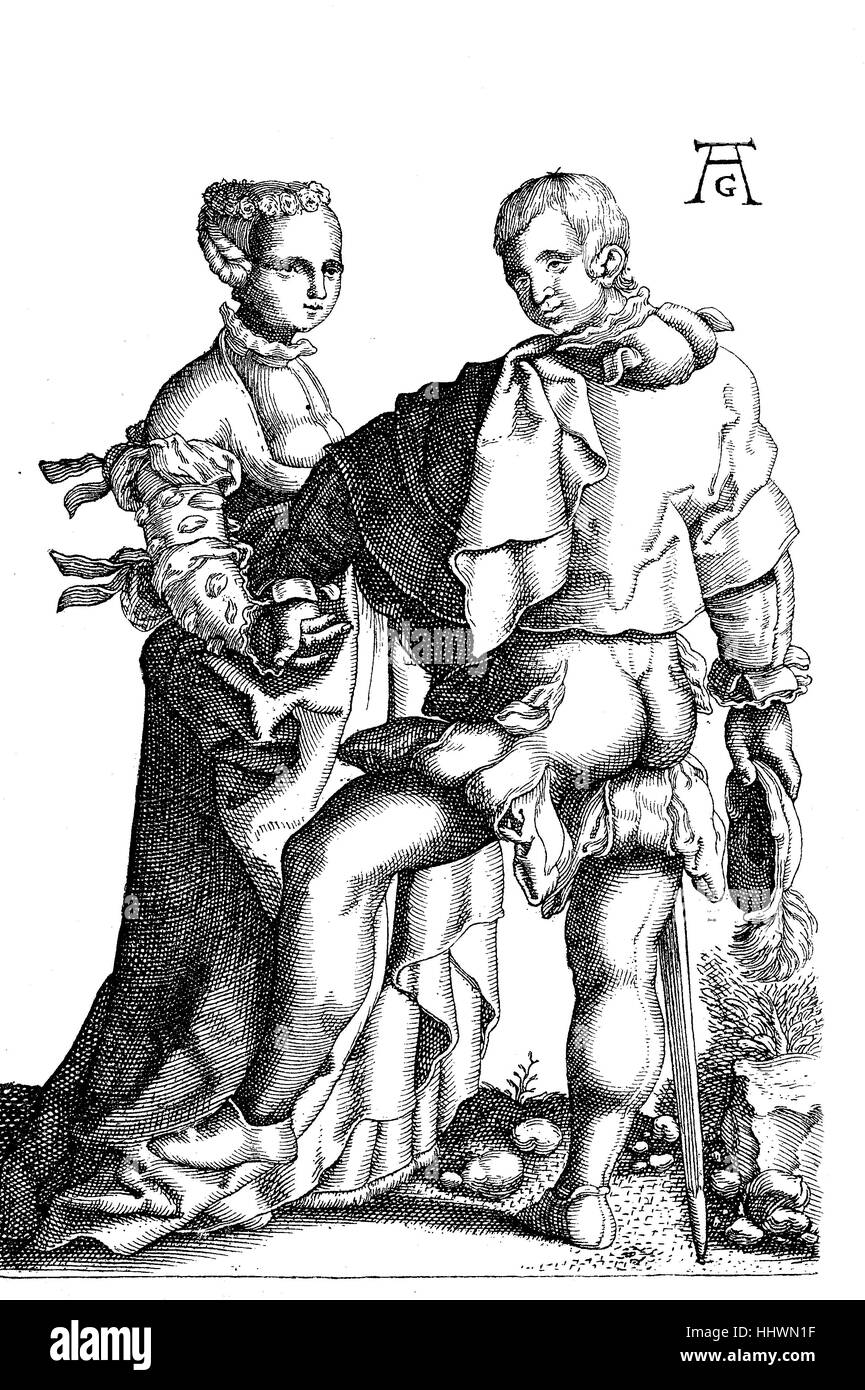 À partir de la gravure sur cuivre série (1502-1562) des danseurs, mariage, Hochzeitstaenzer par Heinrich Aldegrever, un important peintre, graveur sur cuivre allemand et le joint cutter de la Renaissance, l'image historique ou illustration, publié 1890, l'amélioration numérique Banque D'Images