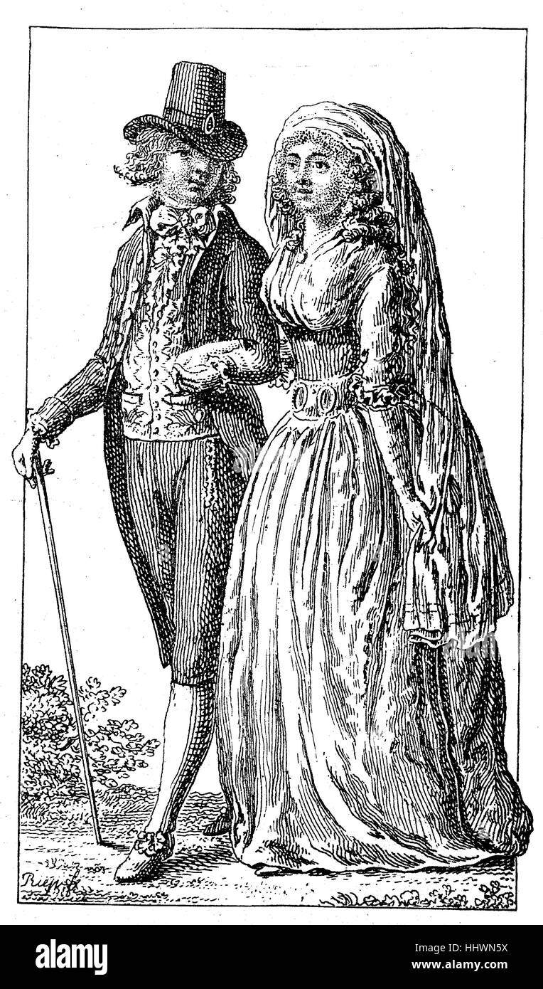 Robes Fashion, à partir de 1780-1790), gravures par Ernst Ludwig Riepenhausen, l'Allemagne, l'image historique ou illustration, publié 1890, l'amélioration numérique Banque D'Images