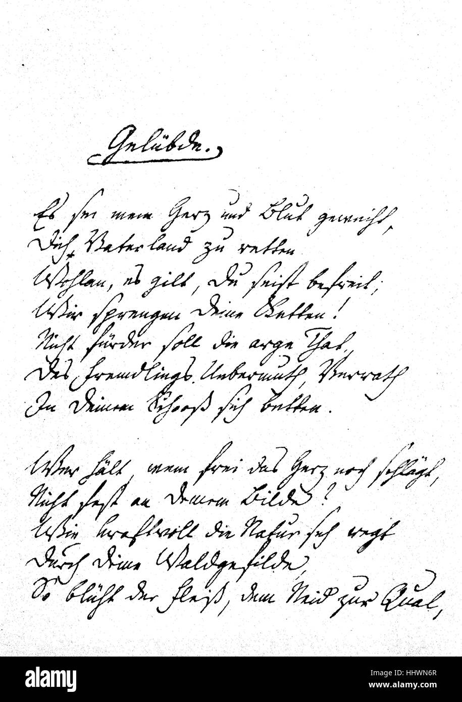 Fac-similé de Friedrich Schlegel's inscription de son poème, Geluebde, 1809, l'Allemagne, l'image historique, ou illustration, publié 1890, l'amélioration numérique Banque D'Images