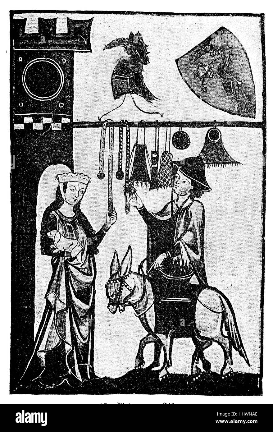 Dietmar von Aist, né vers 1115, décédé après 1171, était un joueur de harpe, minnesinger de Haute Autriche, la famille noble et représentant de la poésie lyrique du Danube, l'Autriche, une miniature de l'Manneschen miniature manuscrit", la ville historique de droit ou d'illustration, publié 1890, l'amélioration numérique Banque D'Images