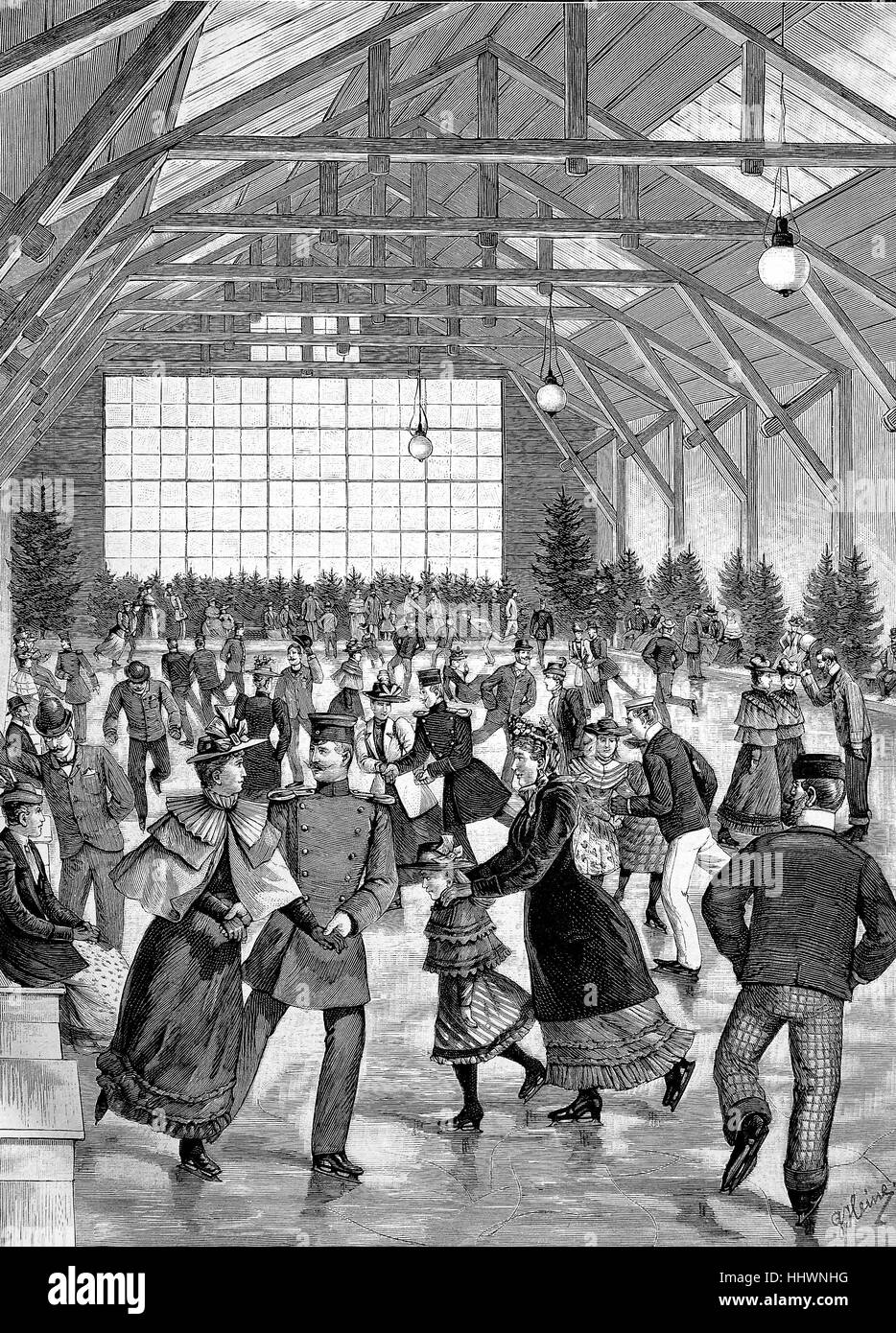 Sur la patinoire artificielle à Munich, dessin original de G. Heine, l'Allemagne, l'image historique ou illustration, publié 1890, l'amélioration numérique Banque D'Images
