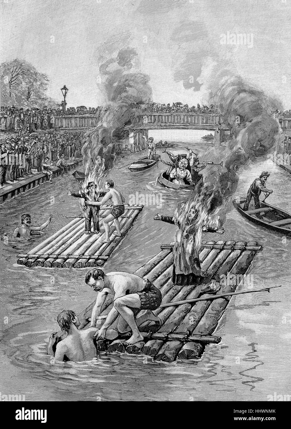 L'Hansel et Gretel à Hallein, gravure d'après un croquis original par A. REICHL (Autriche), brûlures de poupées de paille sur le radeau, image historique ou illustration, publié 1890, l'amélioration numérique Banque D'Images