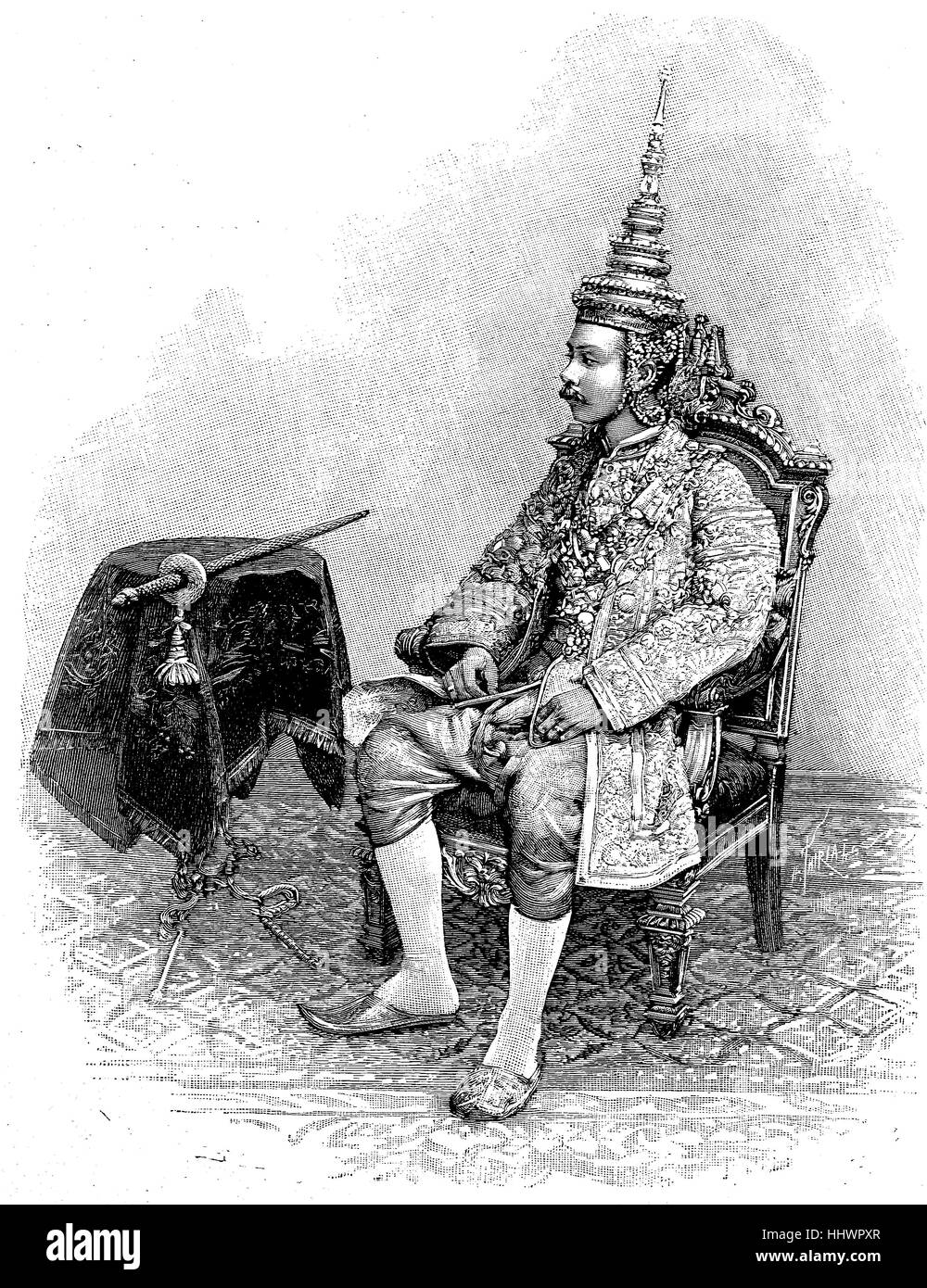 Mongkut ou Rama IV, Roi de Siam dans le Ornat, 18 octobre 1804 à Bangkok, Thaïlande - le 18 octobre 1868, fut roi de 1851 à 1868 aujourd'hui en Thaïlande, il s'est donné le nom Phra Chom Klao, image historique ou illustration, publié 1890, l'amélioration numérique Banque D'Images