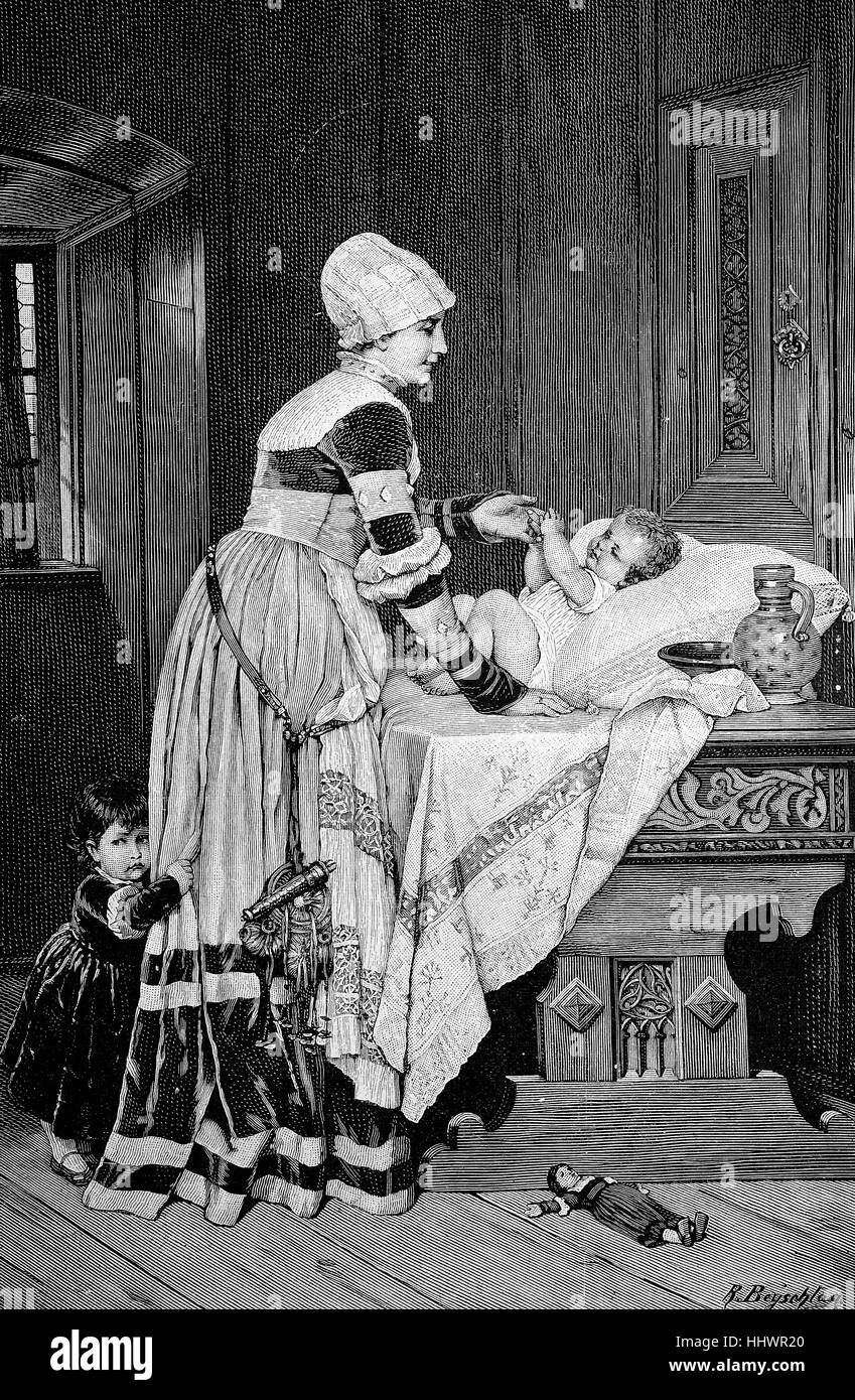 Le plus jeune, mère de deux enfants, d'après une peinture par R. Benschlag historique, Image ou illustration, publié 1890, l'amélioration numérique Banque D'Images
