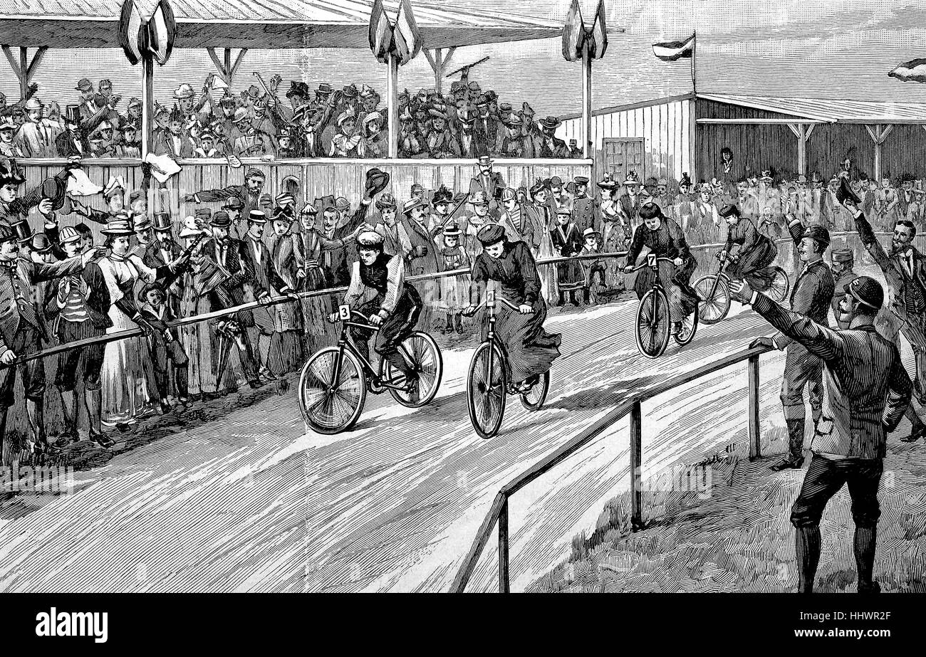 La première course des femmes sur la piste de course à Halensee, près de Berlin, Allemagne, image historique ou illustration, publié 1890, l'amélioration numérique Banque D'Images
