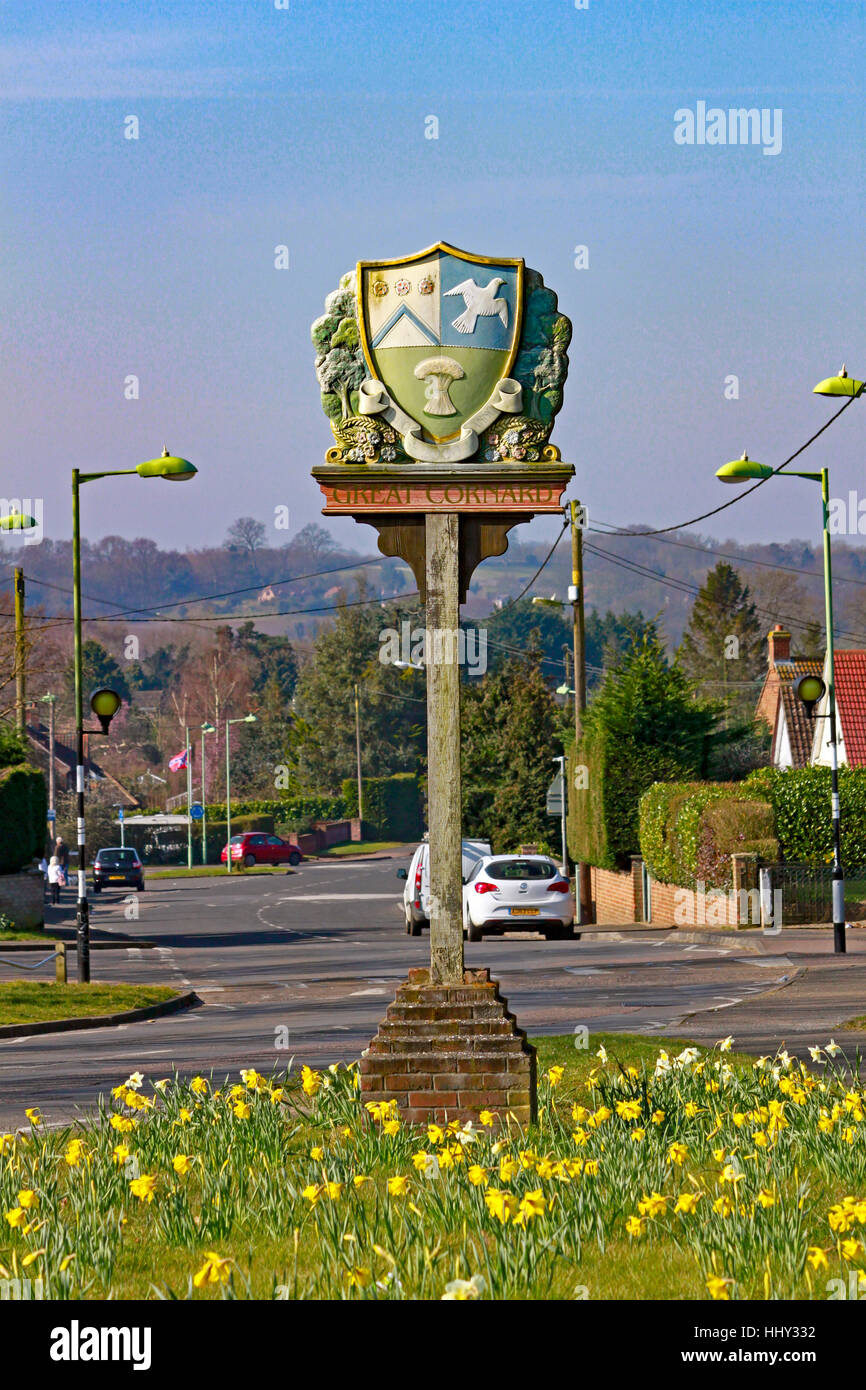 Panneau du village de Grand Cornard, Sudbury, Suffolk au printemps Banque D'Images