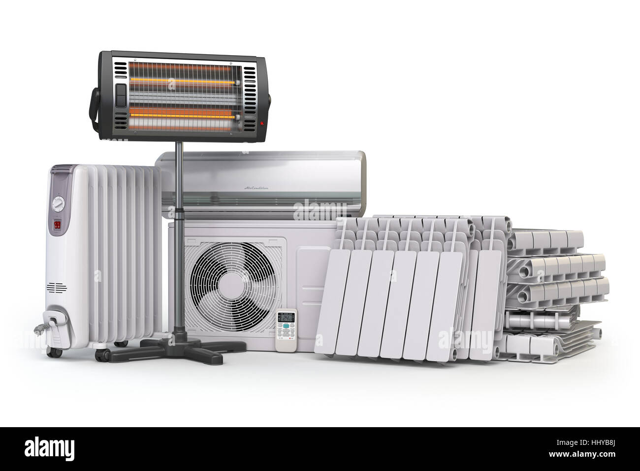 Les appareils de chauffage et les équipements. Chauffage des appareils ménagers. Air conditionné, d'un radiateur, d'huile et chauffage électrique radiant isolé sur blanc b Banque D'Images