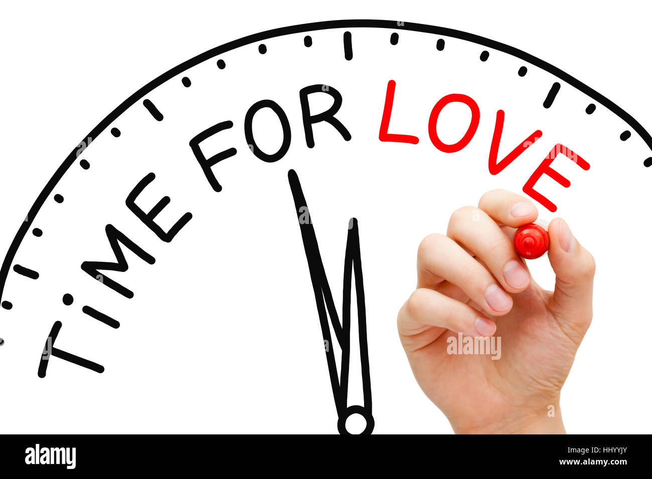 Temps pour l'amour d'écriture main concept horloge avec marqueur rouge sur du verre transparent de sélection. Banque D'Images
