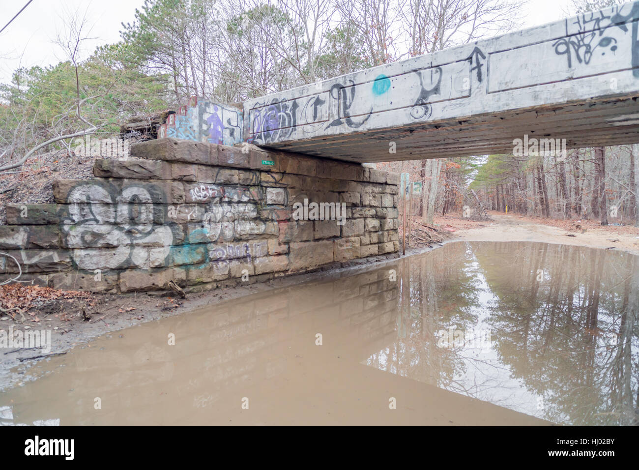 Vieux pont de chemin de fer couverts de graffitis avec chemin de terre sous Banque D'Images