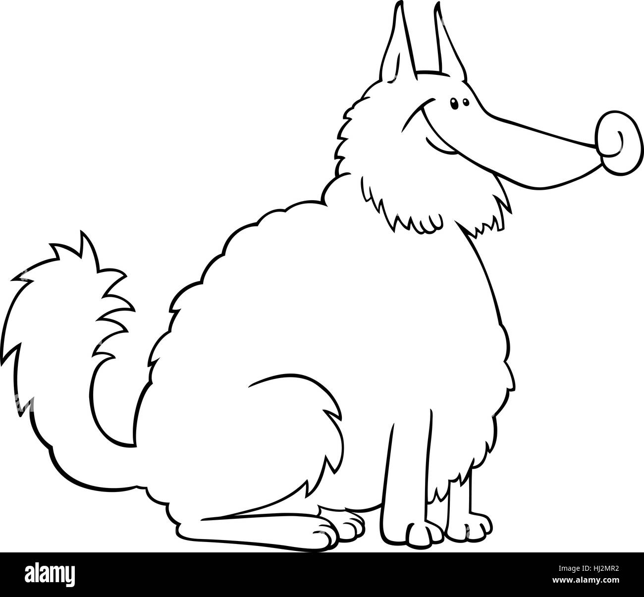 Cartoon noir et blanc Illustration de Shaggy Eskimo Dog Race Spitz ou ou de berger pour livre de coloriage ou une page à colorier Banque D'Images