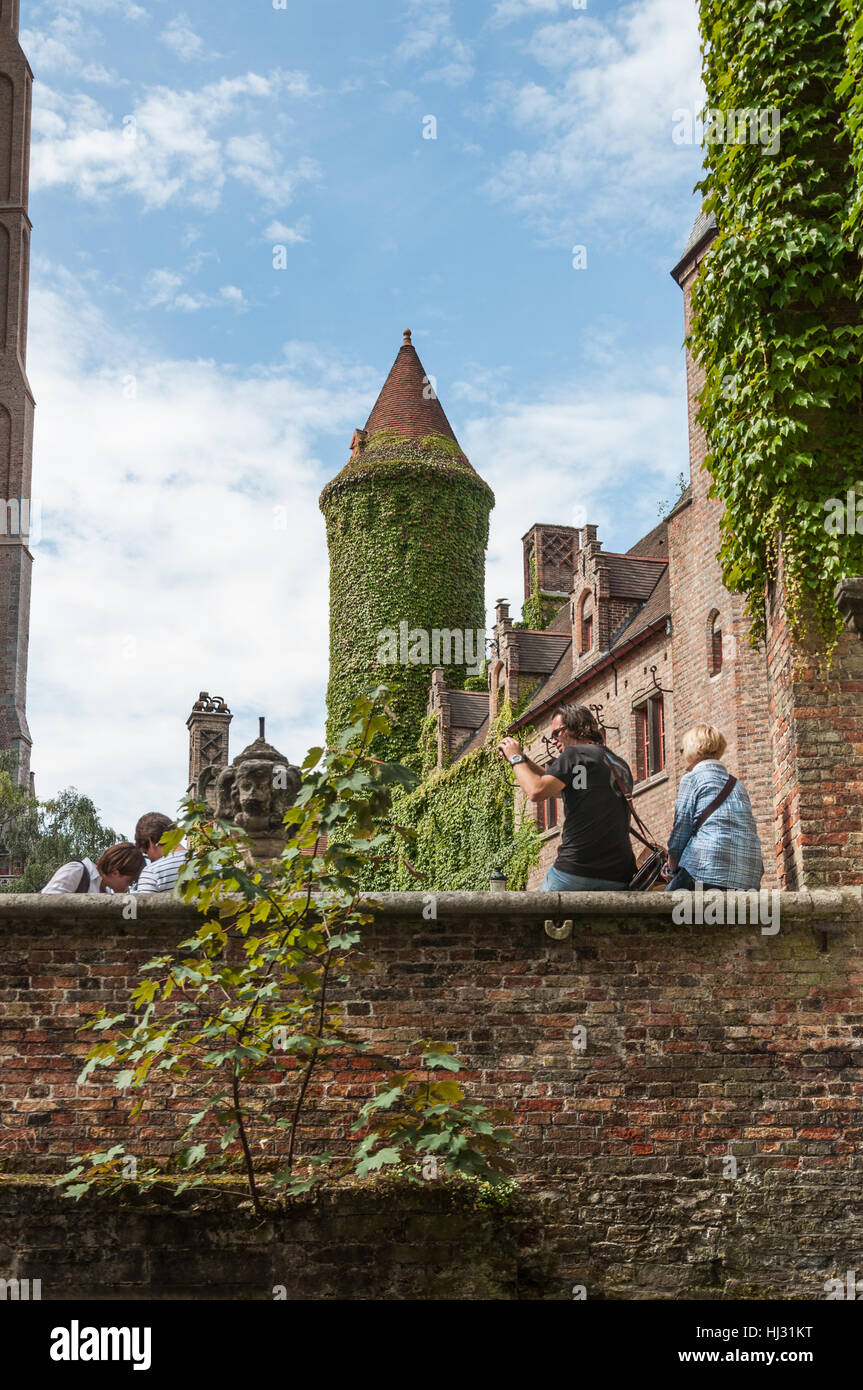 Les murs couverts de lierre et tour du musée Gruuthuse, Bruges, Belgique Banque D'Images