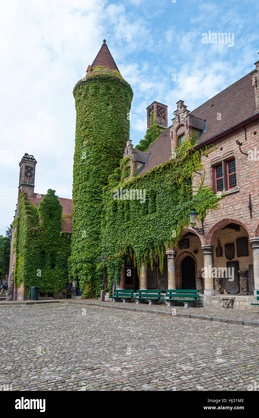 Les murs couverts de lierre et tour du musée Gruuthuse, Bruges, Belgique Banque D'Images