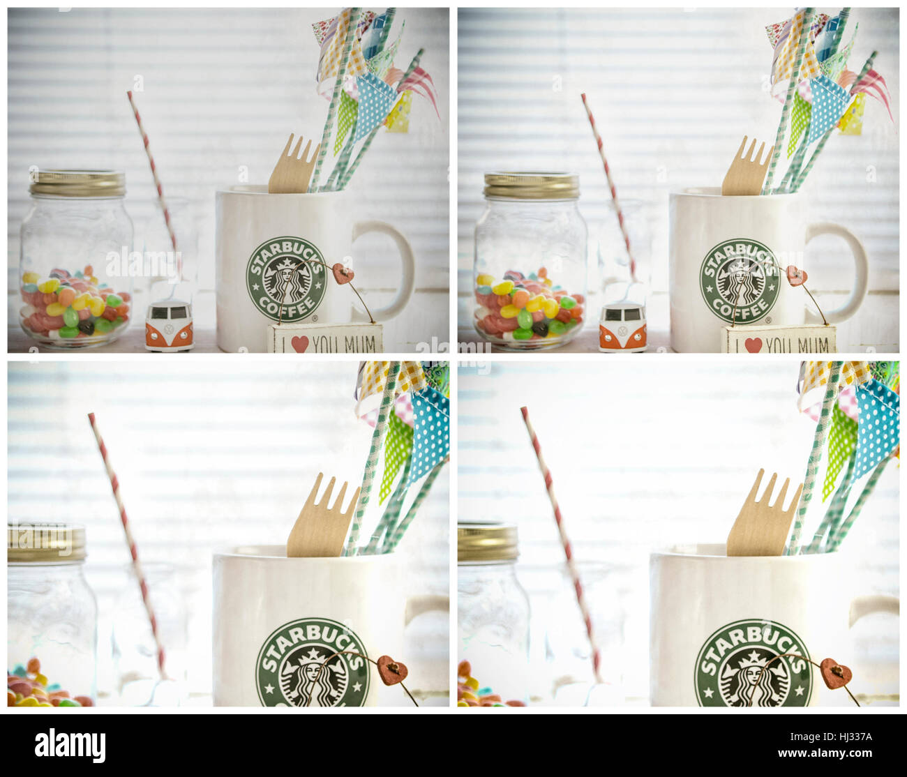 Mug blanc avec logo Starbucks Starbucks, VW camper Van, jelly beans on a white background. Banque D'Images