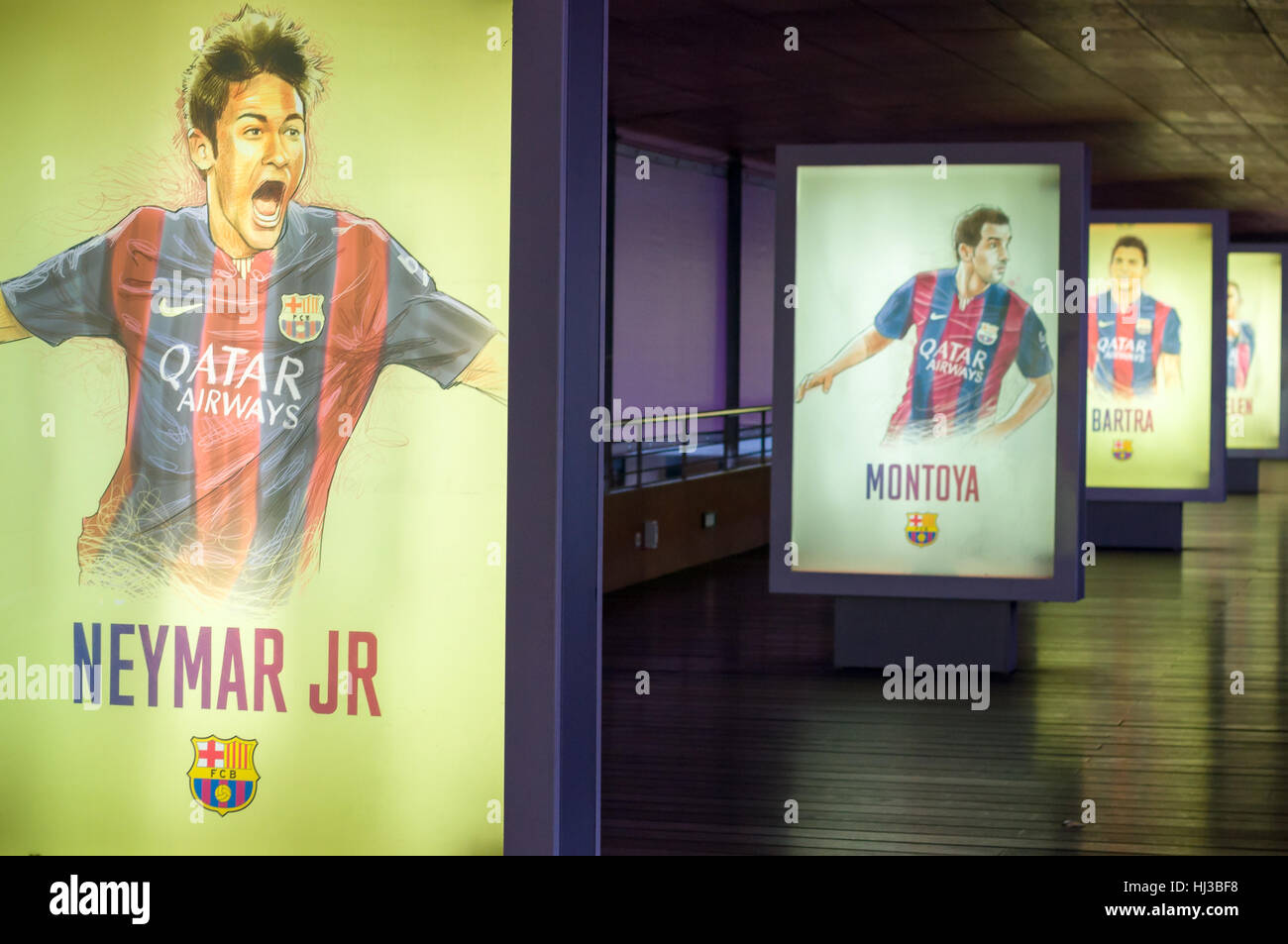 Barcelone, Espagne - 22 septembre 2014 : footballeurs dessiné à la main des affiches au musée FC Barcelona. Neymar Junior. Le Nou Camp, Barcelone, Catalogne, Espagne Banque D'Images