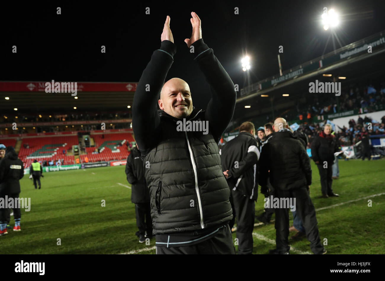 Glasgow Warriors Head coach Gregor Townsend célèbre leur victoire sur Leicester Tigers à la Champions Cup Match à Welford Road, Leicester. Banque D'Images