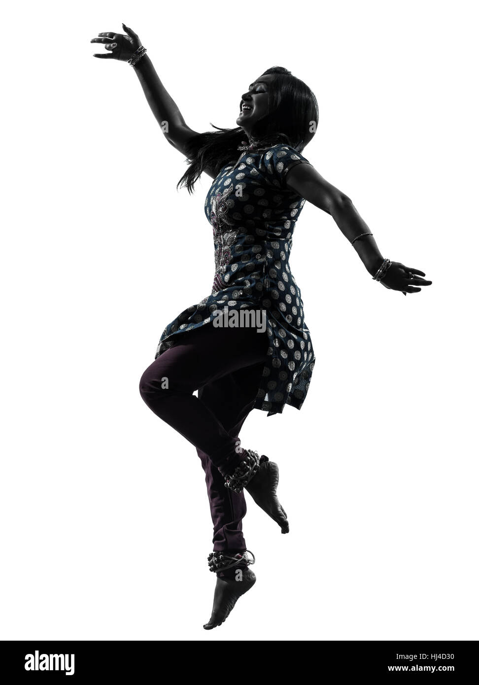 Une femme indienne danseur en silhouette studio isolé sur fond blanc Banque D'Images