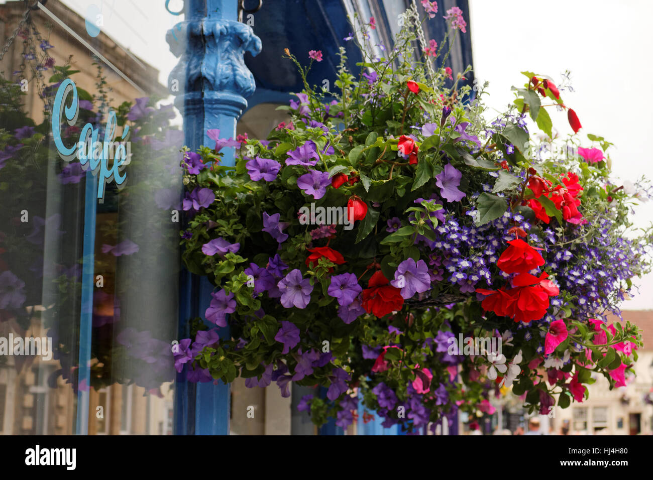 Avant de coffee shop, fleurs en suspension, Glastonbury, Somerset, England, UK Banque D'Images