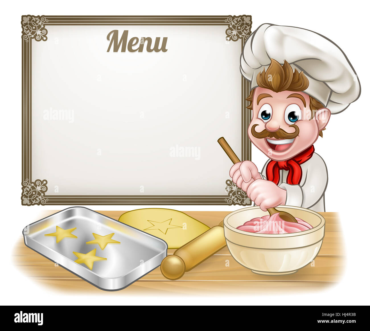 Boulanger ou pâtissier personnage avec un menu Se connecter à l'arrière-plan Banque D'Images