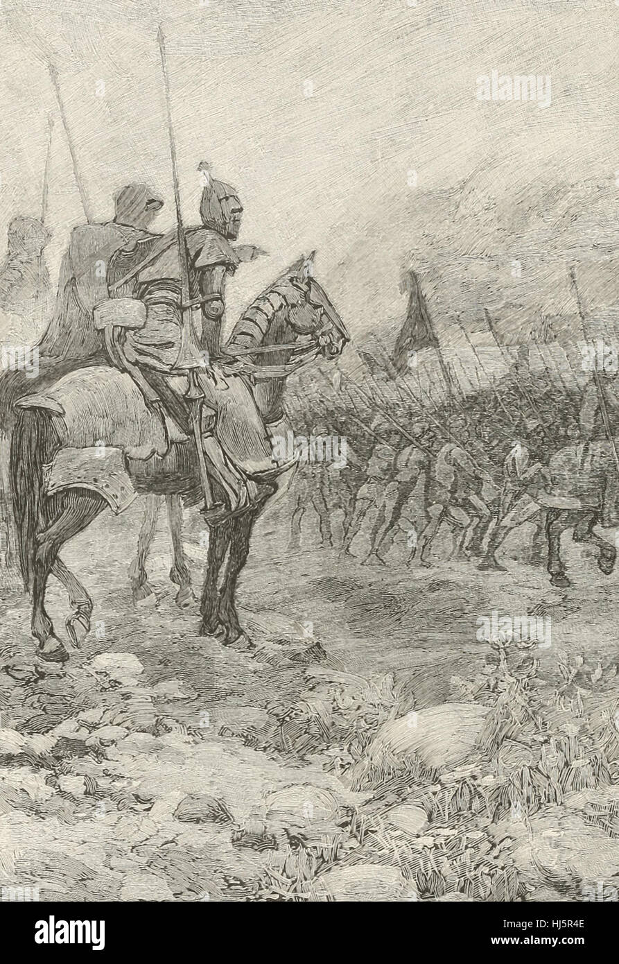 Les trois chevaliers reconnoitiring les flamands dans la brume Banque D'Images