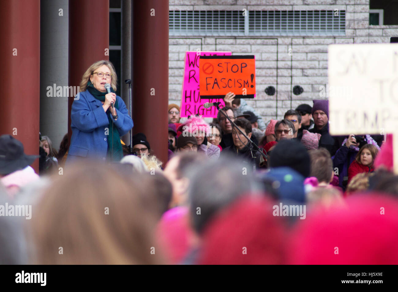 Victoria, BC, Canada. 21 janvier, 2017. Elizabeth May parle de foule avant la Marche des femmes. Crédit : Pierre Chouchan Mick/Alamy Live News Banque D'Images