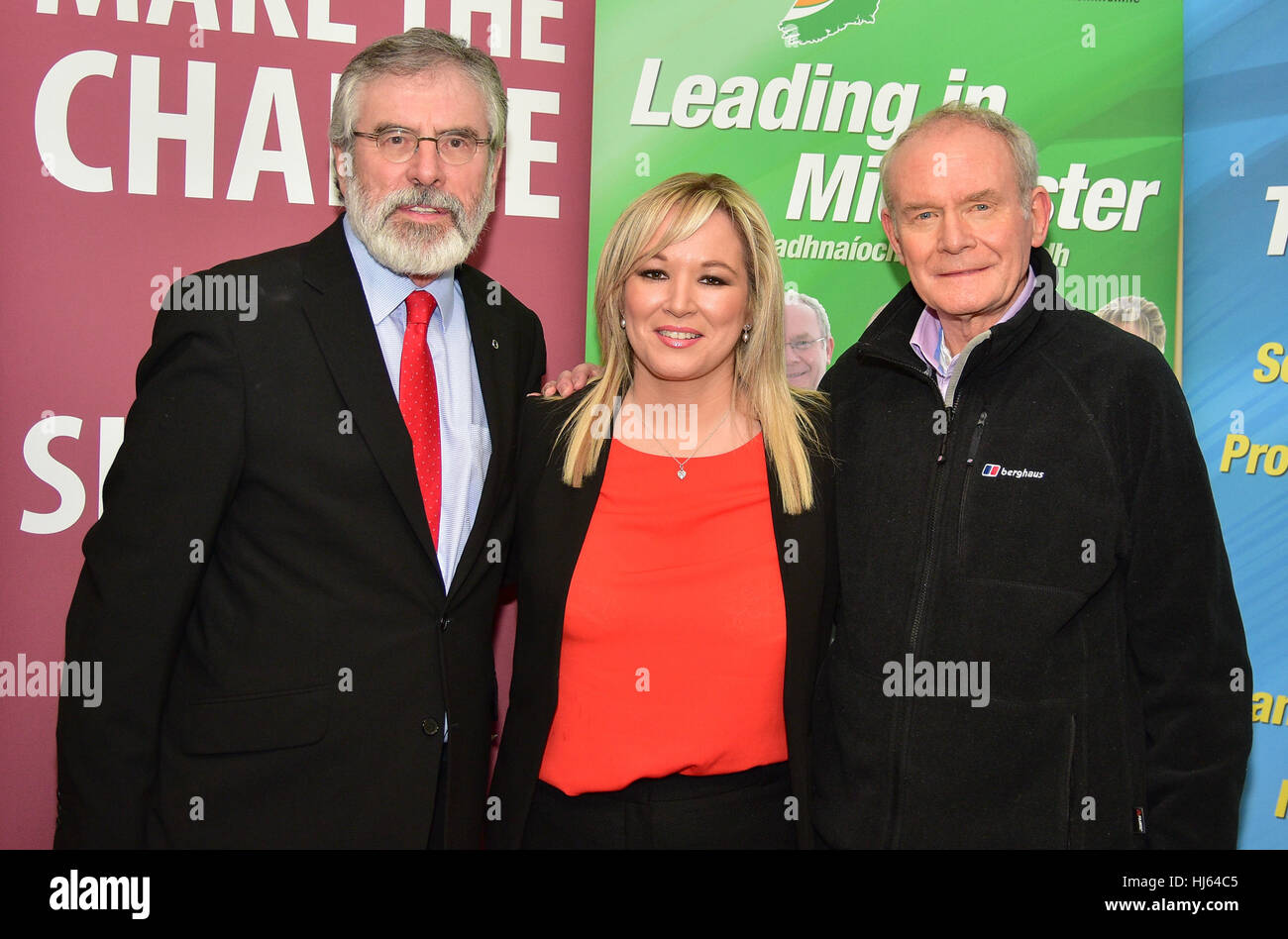 Clonoe, Irlande. 25 Jan, 2017. Irlande du Sinn Fein, Gerry Adams, leader du Sinn Fein TD Nouveau Chef Michelle O'Neill et ancien sous-ministre Martin McGuinness, au cours de l'événement retrouvailles dans Clonoe. Credit : Mark Winter/Alamy Live News Banque D'Images