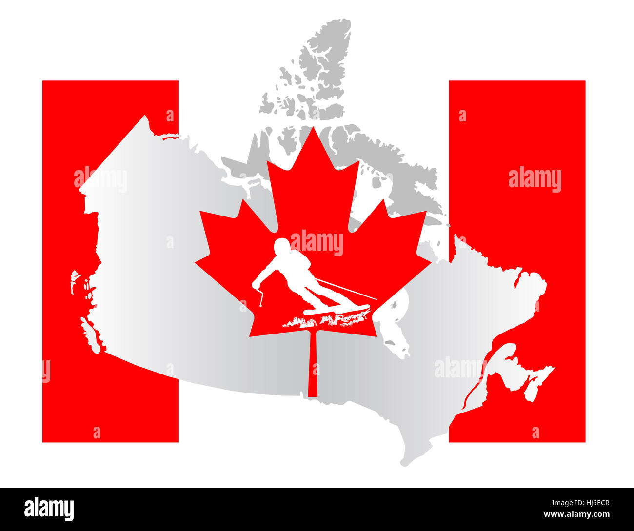 Drapeau du Canada avec la carte et les skieurs Banque D'Images