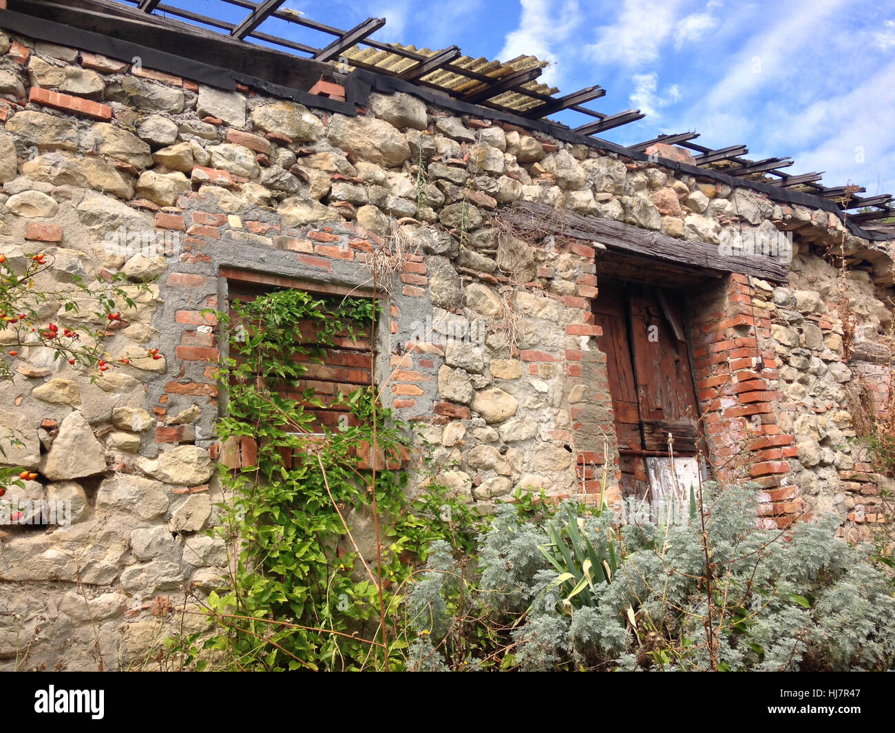 Ruine de maison en pierre avec une végétation sur le sommet de la ...