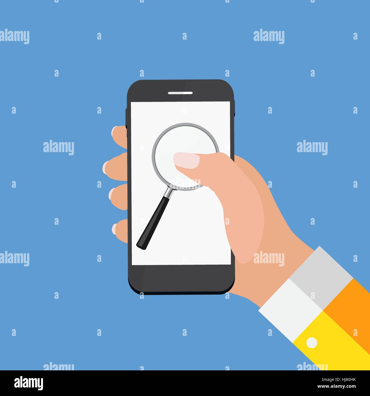 La main avec Abstract Téléphone et recherchez l'icône. En modèle Fla moderne Illustration de Vecteur
