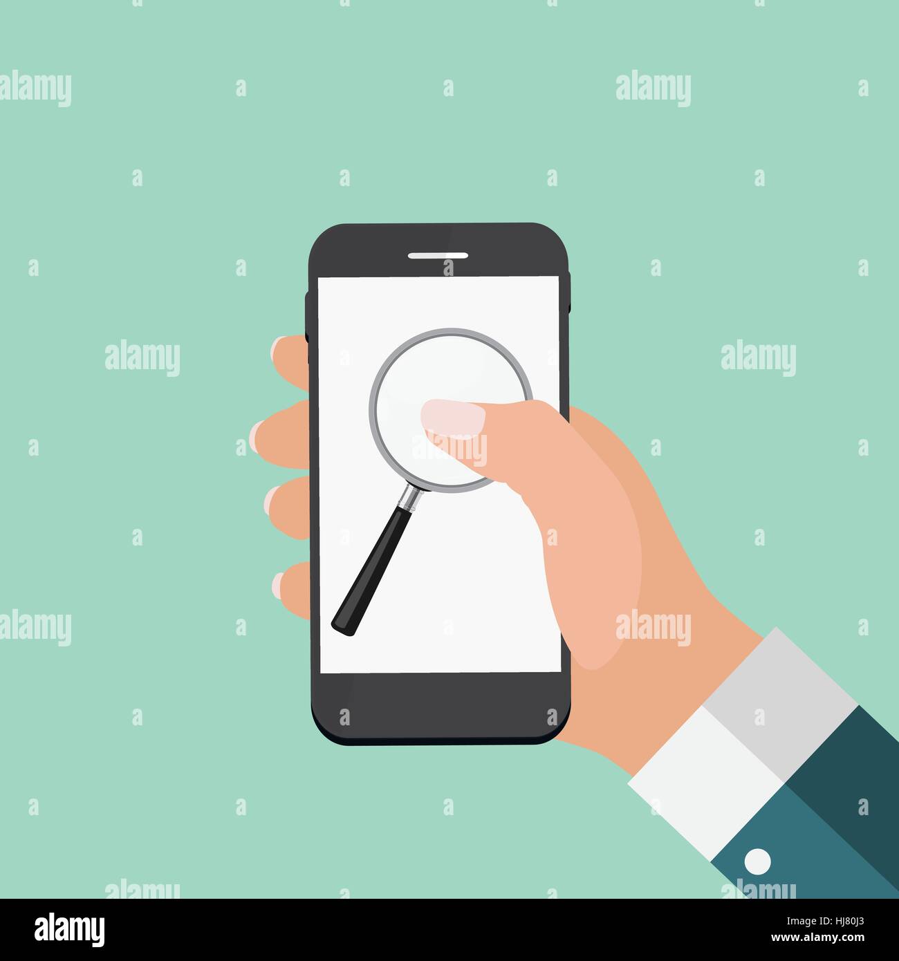 La main avec Abstract Téléphone et recherchez l'icône. En modèle Fla moderne Illustration de Vecteur