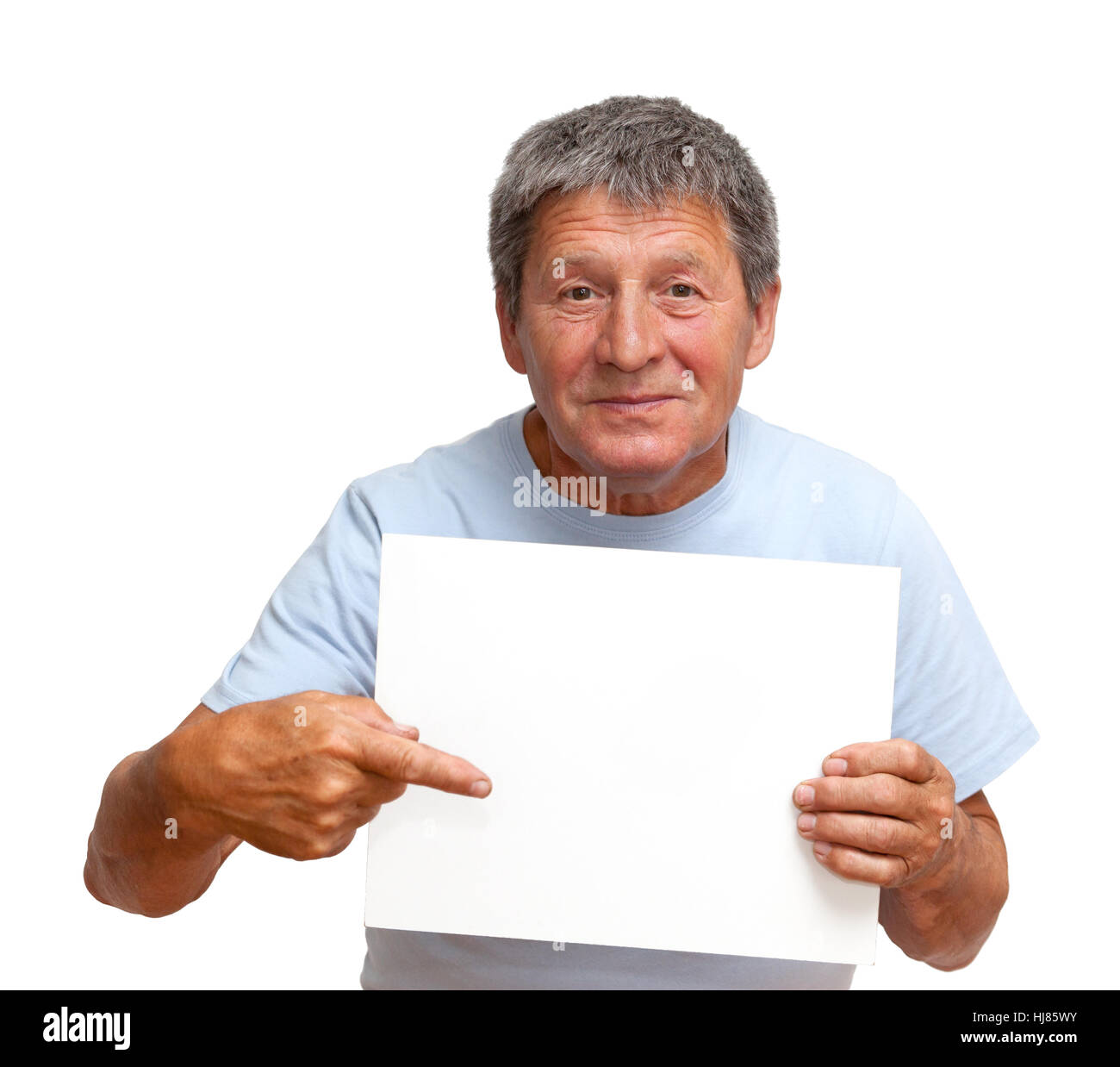 Homme tenant un tableau blanc, isolé sur fond blanc Banque D'Images