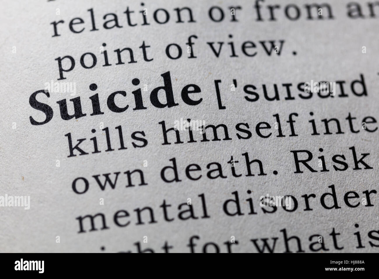 Faux dictionnaire, dictionnaire définition du mot suicide. y compris les principaux termes descriptifs. Banque D'Images