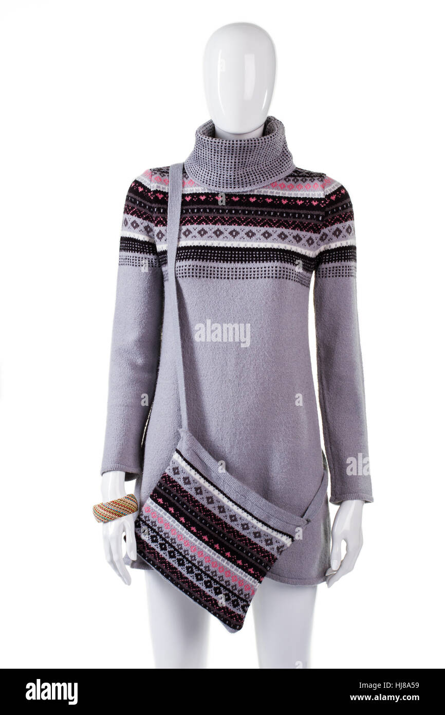 Tunique gris chaud et sac à main. Banque D'Images